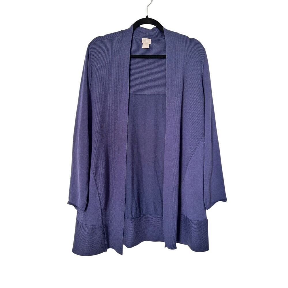 Chico's Cardigan Sweater Size 2 US Large Blue Open Front Knit Long Sleeve Casual
